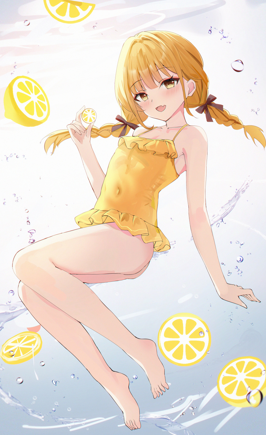 absurdres air_bubble alternate_costume ass bare_legs barefoot blonde_hair blush braid bubble casual_one-piece_swimsuit commentary covered_navel feet female food fruit fujita_kotone full_body gakuen_idolmaster highres holding holding_food holding_fruit idolmaster lemon lemon_slice long_sleeves looking_at_viewer oerba_yun_fang one-piece_swimsuit skin_fang smile solo swimsuit toes twin_braids usagi_(786113654) yellow_eyes yellow_one-piece_swimsuit