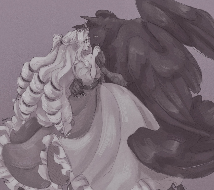 1boy arm_around_waist bird_boy circusmantis claws dress drill_hair female greyscale highres holding_hands monochrome monster_boy princess_(slay_the_princess) runny_makeup simple_background slay_the_princess smile the_hero_(slay_the_princess) tiara wings