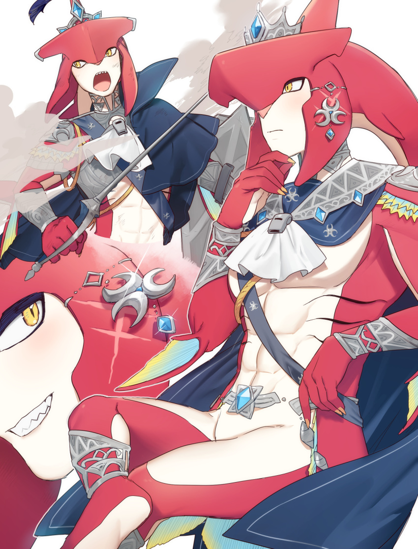 1boy abs ascot black_cape black_capelet cape capelet colored_skin crossed_legs crown fish_boy gem grin highres holding holding_weapon long_hair male_focus muscular muscular_male red_skin sharp_teeth sidon sitting smile sword teeth the_legend_of_zelda the_legend_of_zelda:_breath_of_the_wild ttanuu. weapon white_ascot yellow_eyes