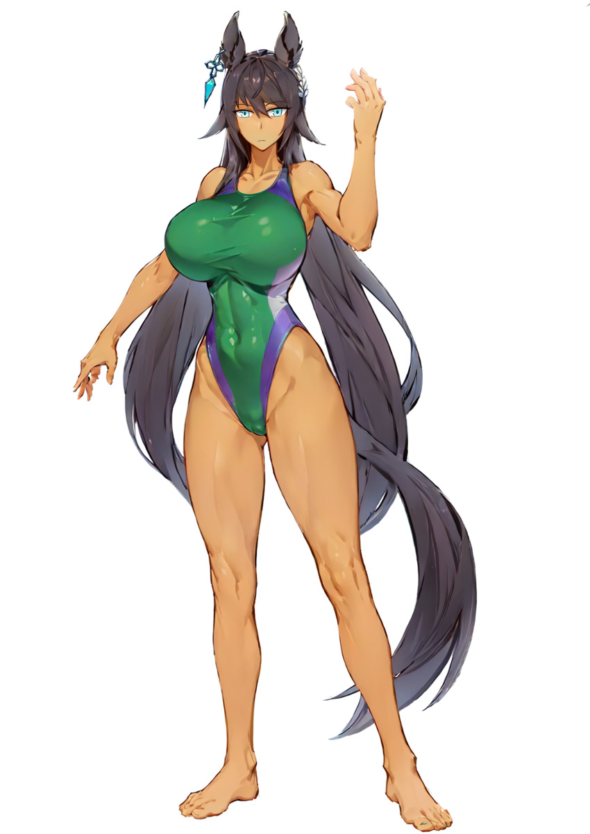 animal_ears barefoot black_hair breasts cameltoe commentary_request competition_swimsuit covered_navel dark-skinned_female dark_skin female full_body green_eyes green_one-piece_swimsuit highleg highleg_one-piece_swimsuit highres horse_ears horse_tail kabocha_(silver_owl) large_breasts long_hair multicolored_clothes multicolored_swimsuit one-piece_swimsuit simple_background solo swimsuit symboli_kris_s_(umamusume) tail umamusume white_background