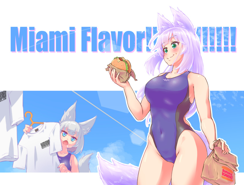 2girls animal_ears bag blue_one-piece_swimsuit blue_sky breasts burger burger_king cloud competition_swimsuit covered_navel dog_ears dog_tail female food food_on_face green_eyes highleg highleg_one-piece_swimsuit highres hokkyoku holding holding_food lens_flare logo long_hair medium_breasts multiple_girls one-piece_swimsuit original paper_bag shirt sky solo swimsuit t-shirt tail two-tone_swimsuit white_hair