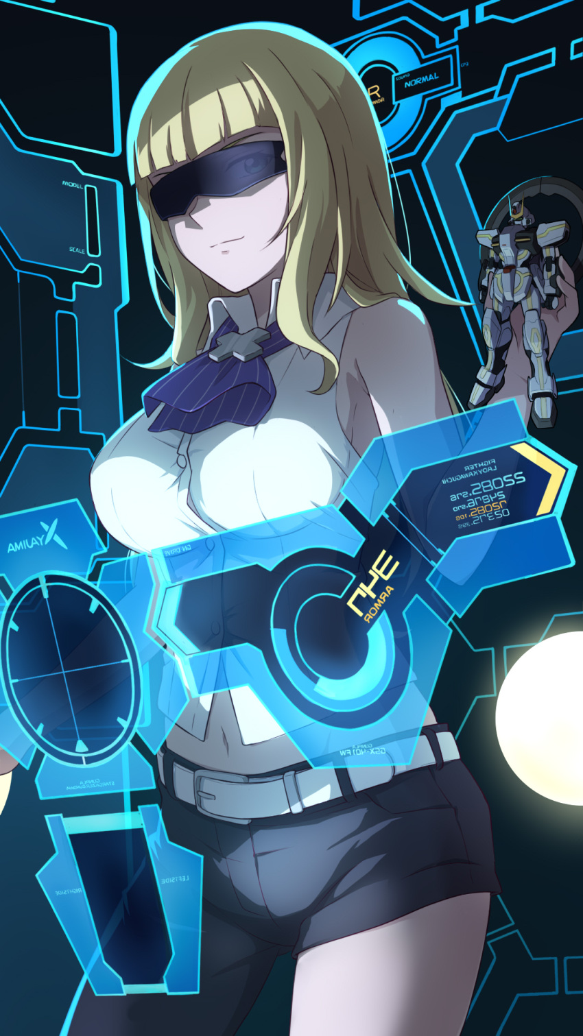 ascot asymmetrical_clothes bare_shoulders belt black_pants blonde_hair blue_ascot blunt_bangs breasts closed_mouth collared_shirt commentary_request covered_nipples cowboy_shot female green_eyes groin gundam gundam_build_fighters gundam_build_fighters_try gundam_stargazer gunpla heads-up_display highres holding lady_kawaguchi laofuzi_dai_bansho large_breasts long_hair looking_at_viewer midriff model_kit navel pants redrawn shirt sidelocks single_pantsleg sleeveless sleeveless_shirt solo standing sunglasses user_interface white_belt white_shirt