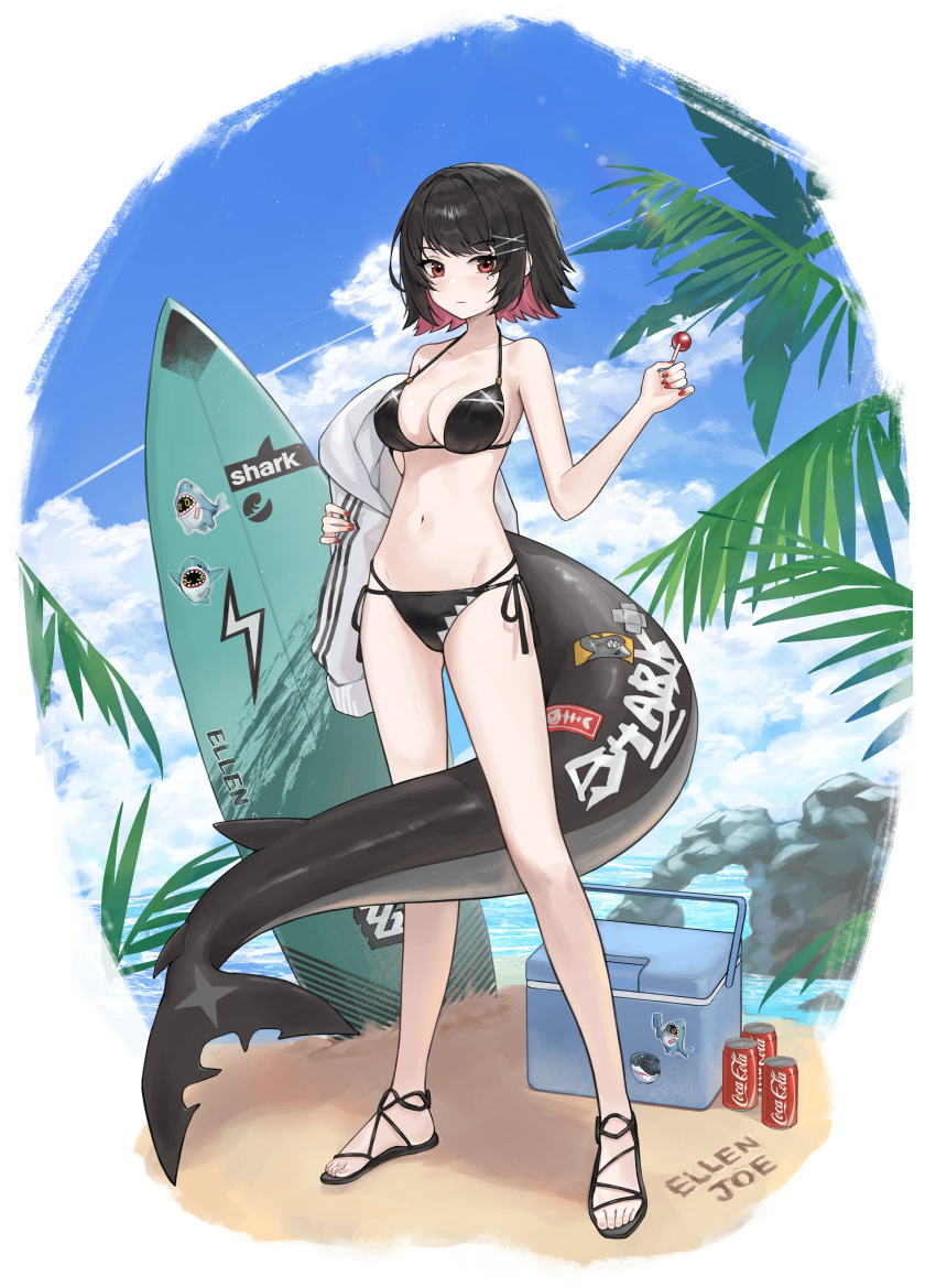 absurdres alternate_costume bare_legs bare_shoulders beach bikini black_bikini black_hair blue_sky breasts can candy character_name cloud coca-cola colored_inner_hair cooler dang_geun23283 drink_can ellen_joe female fins fish_tail food freezer highres holding holding_candy holding_food holding_lollipop large_breasts legs lollipop multicolored_hair navel red_eyes red_hair sand sandals shark_girl shark_tail sharkboo_(zenless_zone_zero) short_hair side-tie_bikini_bottom sky soda_can solo stomach surfboard swimsuit tail toes two-tone_hair zenless_zone_zero