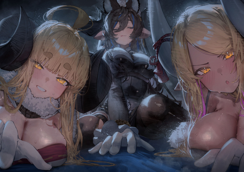 1other 3girls :d absurdres ahoge anila_(granblue_fantasy) betabeet black_dress blonde_hair blunt_bangs breasts brown_hair cape chestnut_mouth cleavage closed_eyes draph dress fur-trimmed_cape fur_trim galleon_(granblue_fantasy) gloves gran_(granblue_fantasy) granblue_fantasy highres horn_ornament horn_ribbon horns kumbhira_(granblue_fantasy) large_breasts light_blush looking_at_viewer lying multiple_girls on_stomach parted_bangs pointy_ears ribbon seductive_smile sitting smile straddling thick_eyebrows white_gloves yellow_eyes