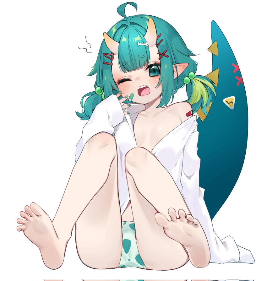 ahoge bandaid bandaid_on_arm bandaid_on_face bare_legs barefoot blunt_bangs bone_hair_ornament breasts chio_chompi dinosaur_girl dinosaur_tail female green_hair green_nails green_panties hair_ornament hair_tie hairclip highres horns looking_at_viewer low_twintails one_eye_closed open_clothes open_mouth open_shirt panties pixellink polka_dot polka_dot_panties sharp_teeth shirt sidelocks small_breasts spread_toes sticker stitches tail teeth toes tutimaru0730 twintails underwear virtual_youtuber white_background white_shirt