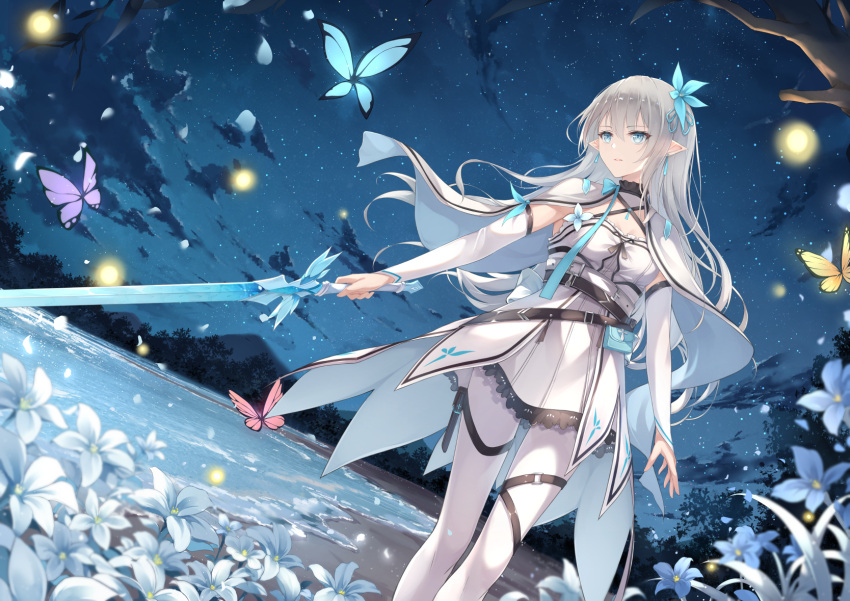 belt black_belt blue_butterfly blue_eyes blue_flower breasts bug butterfly cape cleavage commentary_request criss-cross_straps detached_sleeves dress dutch_angle elf female fireflies flower fuuro_(johnsonwade) hair_between_eyes hair_flower hair_ornament highres holding holding_sword holding_weapon long_hair looking_to_the_side multiple_belts night night_sky original outdoors pantyhose pink_butterfly pointy_ears purple_butterfly sidelocks skirt sky small_breasts solo sword water weapon white_belt white_cape white_dress white_pantyhose white_skirt white_sleeves