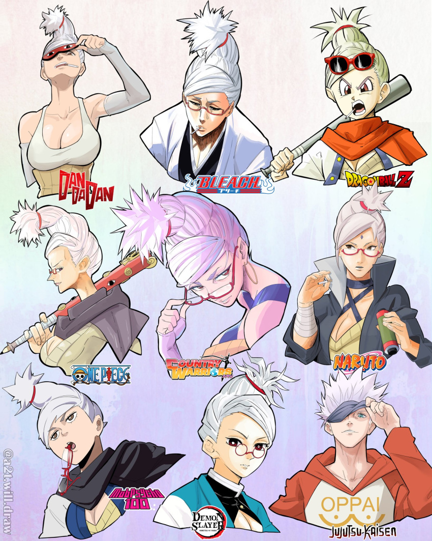 1boy a2t_will_draw akutami_gege_(style) ayase_seiko baseball_bat beehive_hairdo bleach blue_eyes breasts brown_eyes cleavage country_warriors dandadan dragon_ball dragon_ball_z earrings female glasses gojou_satoru highres hoop_earrings jewelry jujutsu_kaisen kimetsu_no_yaiba kishimoto_masashi_(style) kubo_tite_(style) large_breasts mature_female mob_psycho_100 multiple_drawing_challenge naruto_(series) oda_eiichirou_(style) one_piece parody red-framed_eyewear short_hair style_parody tall_hair toriyama_akira_(style) white_hair