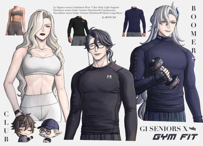 4boys baseball_cap black_hair black_pants black_shirt blonde_hair breasts brown_hair closed_eyes dumbbell eyewear_strap female genshin_impact glasses hat highres holding holding_dumbbell long_sleeves multicolored_hair multiple_boys myr73k neuvillette_(genshin_impact) pantalone_(genshin_impact) pants pulcinella_(genshin_impact) shirt short_hair signora_(genshin_impact) simple_background smile streaked_hair upper_body white_background white_hair zhongli_(genshin_impact)