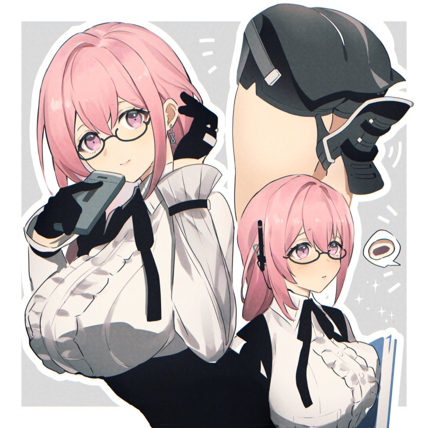 ass black_footwear black_gloves black_ribbon breasts cellphone earpiece earrings female glasses gloves grey_background high_heels highres holding holding_phone jewelry large_breasts leg_up looking_at_viewer multiple_views pencil_skirt phone pink_eyes pink_hair ribbon shirt skirt smartphone smile spoken_food tsukishiro_yanagi umeda_shiso white_background white_shirt zenless_zone_zero