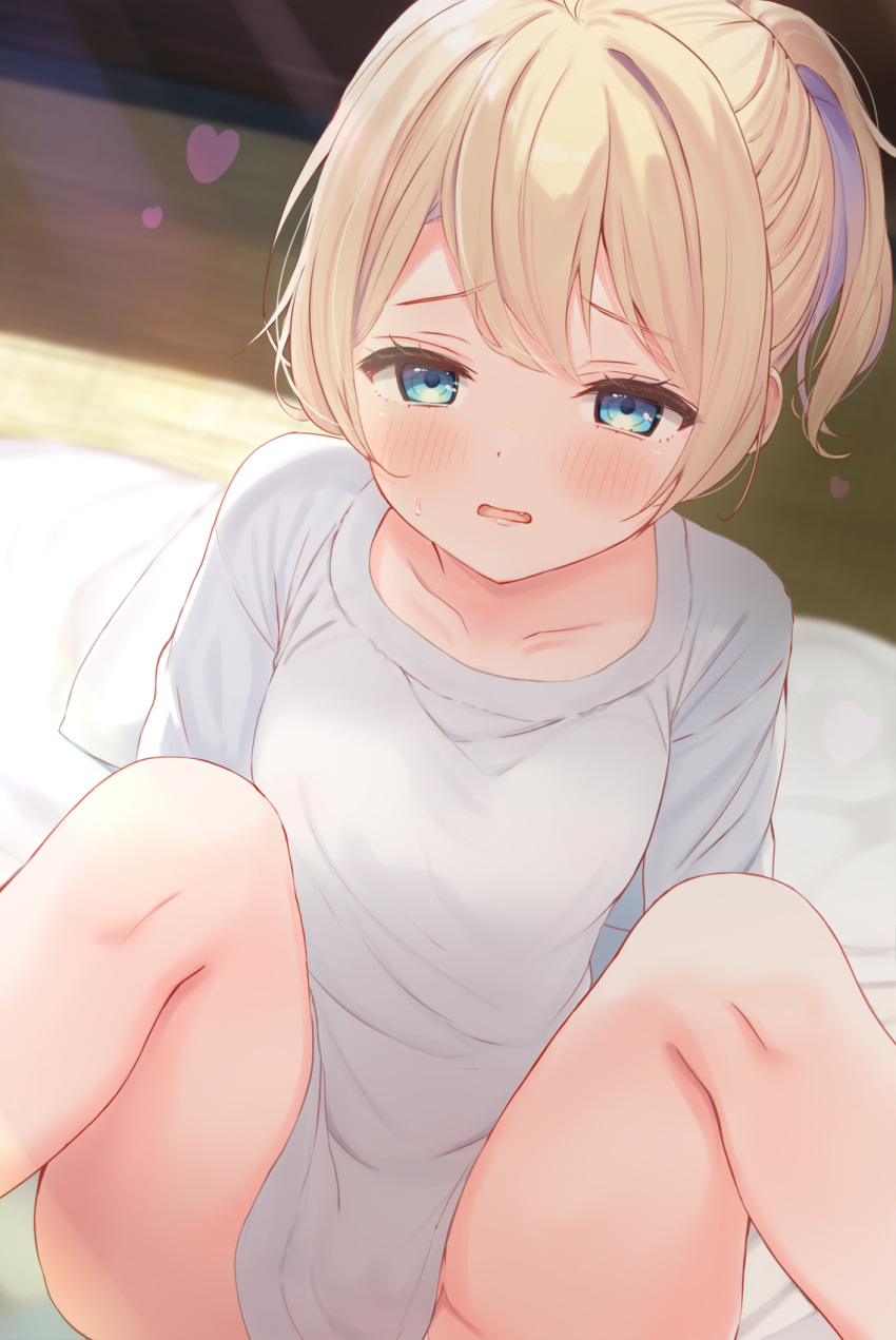 arm_support blonde_hair blue_eyes blurry blush bottomless breasts collarbone depth_of_field dot_nose dutch_angle esia_mariveninne_(komone_ushio) female futon highres indoors komone_ushio looking_at_viewer open_mouth original parted_lips ponytail shirt short_hair sidelocks sitting small_breasts solo spread_legs sweat thighs white_shirt