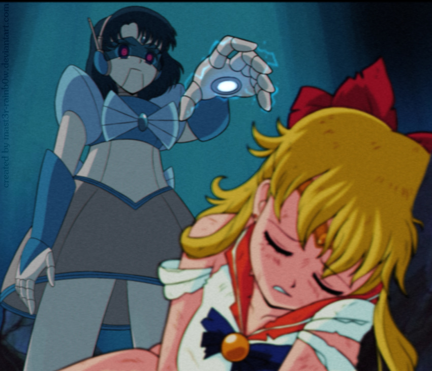 1990s_(style) 2girls aino_minako bishoujo_senshi_sailor_moon black_hair blonde_hair bow circlet closed_eyes commentary commission electricity english_commentary film_grain hairbow highres mast3r-rainb0w mechanization mizuno_ami multiple_girls orange_sailor_collar red_eyes retro_artstyle robot robot_girl sailor_collar sailor_mercury sailor_venus torn_clothes