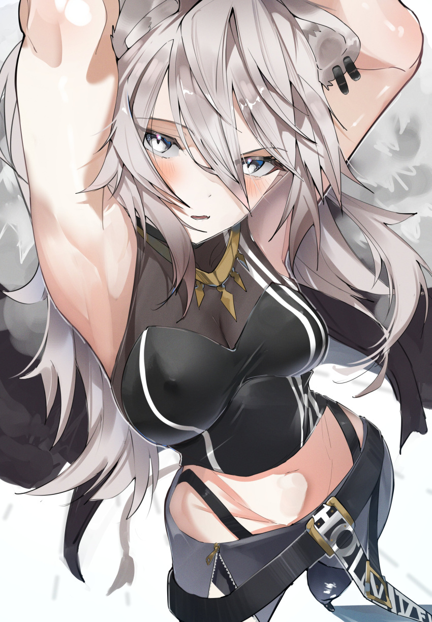 absurdres animal_ear_piercing animal_ears armpits arms_up black_pants blush breasts cleavage ear_piercing female fur-trimmed_jacket fur_trim grey_eyes grey_hair highres hololive jacket lion_ears lion_girl lion_tail long_hair looking_at_viewer looking_up medium_breasts midriff pants piercing sakusa_nn sheep_girl shishiro_botan simple_background solo sports_bra striped_sports_bra tail virtual_youtuber white_background