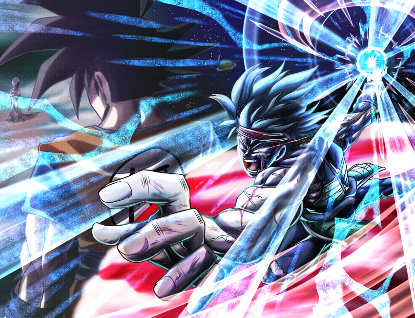 3boys alien angry bandana bardock blood blue_shirt commentary_request cracked_armor dougi dragon_ball dragon_ball_z energy_ball eye_trail father_and_son final_form_frieza frieza furious highres injury light_trail male_focus medium_hair multiple_boys muscular muscular_male open_mouth orange_dougi pants planet planetary_ring red_bandana red_eyes saiyan saiyan_armor shirt short_sleeves son_goku spiked_hair teeth tongue torn_clothes torn_pants user_srft3542 v-shaped_eyebrows veins veiny_arms