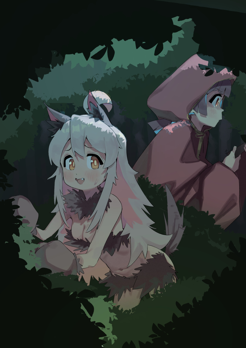 2girls absurdres ahoge alternate_costume animal_ear_fluff animal_ears animal_hands araimelon bare_arms bare_shoulders blonde_hair blue_hair blunt_bangs blunt_ends breasts brown_eyes brown_hair cleavage commentary english_commentary forest gloves hair_between_eyes highres hooded_robe hozuki_momiji kemonomimi_mode leaning_forward long_hair looking_at_viewer medium_breasts multicolored_hair multiple_girls nature navel oerba_yun_fang onii-chan_wa_oshimai! open_mouth outdoors oyama_mahiro paw_gloves pink_hair red_robe robe short_hair short_ponytail tail two-tone_hair wolf_ears wolf_tail