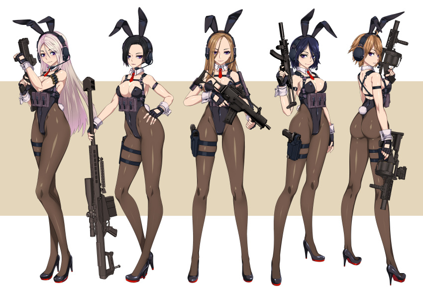 5girls absurdres ahoge animal_ears anti-materiel_rifle arm_at_side ass assault_rifle black_hair blue_hair breasts brown_hair chest_rig contrapposto covered_navel covered_nipples detached_collar dual_wielding fake_animal_ears fake_tail finger_on_trigger fingerless_gloves full_body gloves grenade_launcher gun hair_over_one_eye hand_on_own_hip handgun harness headset high_heels highleg highleg_leotard highres holding holding_gun holding_weapon holster leotard long_hair looking_at_viewer magazine_(weapon) medium_breasts mole mole_under_eye multiple_girls necktie original pantyhose pink_hair playboy_bunny purple_eyes rabbit_ears rabbit_tail red_necktie rifle scope short_hair shotgun shotgun_shell sniper_rifle standing strapless strapless_leotard submachine_gun tactical_playboy_bunny tail tanke_laide thigh_holster two-tone_background very_short_hair weapon weapon_request wrist_cuffs