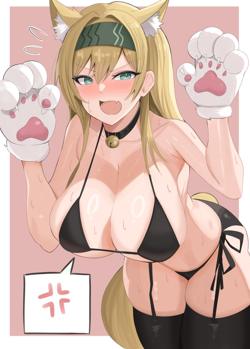 anger_vein animal_ear_fluff animal_ears animal_hands arched_back arknights bare_shoulders bell bikini black_bikini black_hairband black_thighhighs blonde_hair blush breasts commentary_request female gloves green_eyes hairband highres horn_(arknights) large_breasts long_hair neck_bell oerba_yun_fang open_mouth paw_gloves pink_background skin_fang solo spoken_anger_vein stomach sweat swimsuit tail tenten_(1010haka) thighhighs thighs wolf_ears wolf_girl wolf_tail