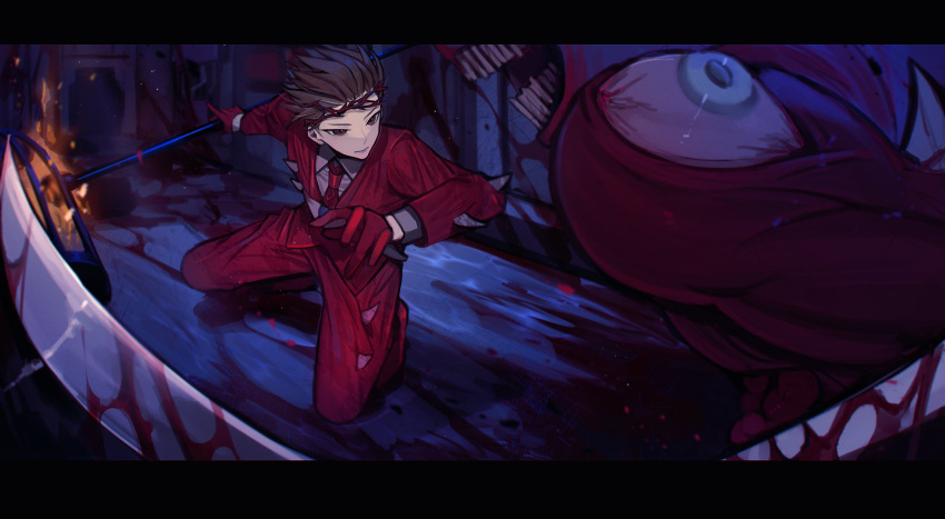 1boy absurdres blood blood_on_ground blood_on_wall brown_hair collared_shirt crown_of_thorns e.g.o_(project_moon) employee_(project_moon) extra_eyes full_body highres holding holding_weapon jacket lamp_(e.g.o) lobotomy_corporation mimicry_(e.g.o) necktie nothing_there pants penitence_(e.g.o) project_moon red_eyes red_jacket red_necktie red_pants shirt solo weapon white_shirt yasuihiruya