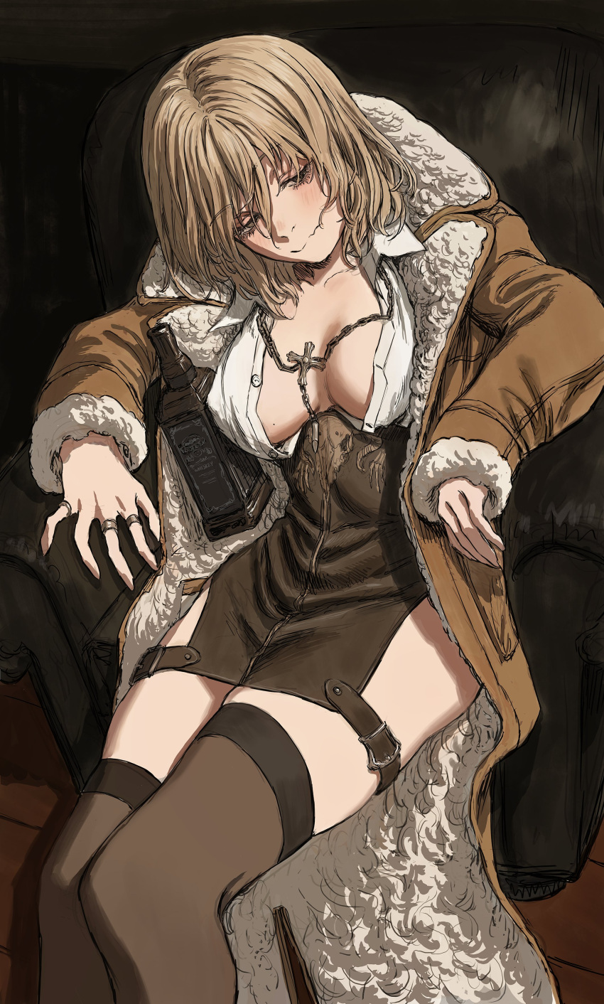 absurdres alcohol black_dress blonde_hair blush breasts buttons chair cleavage coat collar collared_shirt cross cross_necklace dress female fur-trimmed_coat fur_trim gold_can highres jewelry medium_breasts multiple_rings necklace on_chair open_clothes open_coat original ring shirt sitting thighhighs whiskey white_shirt yellow_eyes