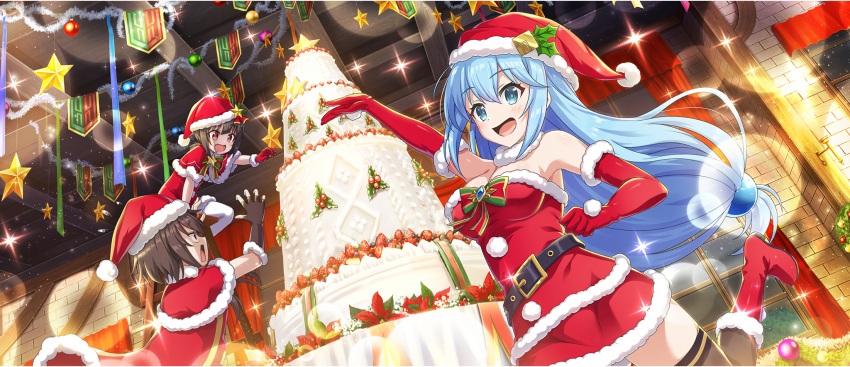 3girls aqua_(konosuba) bare_shoulders belt black_belt black_thighhighs blue_eyes blue_gemstone blue_hair boots bow breasts cake choker christmas christmas_cake christmas_ornaments dress elbow_gloves food fur_trim game_cg gem gloves high_belt highres holly komekko kono_subarashii_sekai_ni_shukufuku_wo! konosuba_fantastic_days large_breasts long_hair low-tied_long_hair megumin multicolored_bow multiple_girls official_art open_mouth red_footwear red_gloves santa_costume santa_dress santa_gloves sleeveless smile thighhighs thighhighs_under_boots zettai_ryouiki