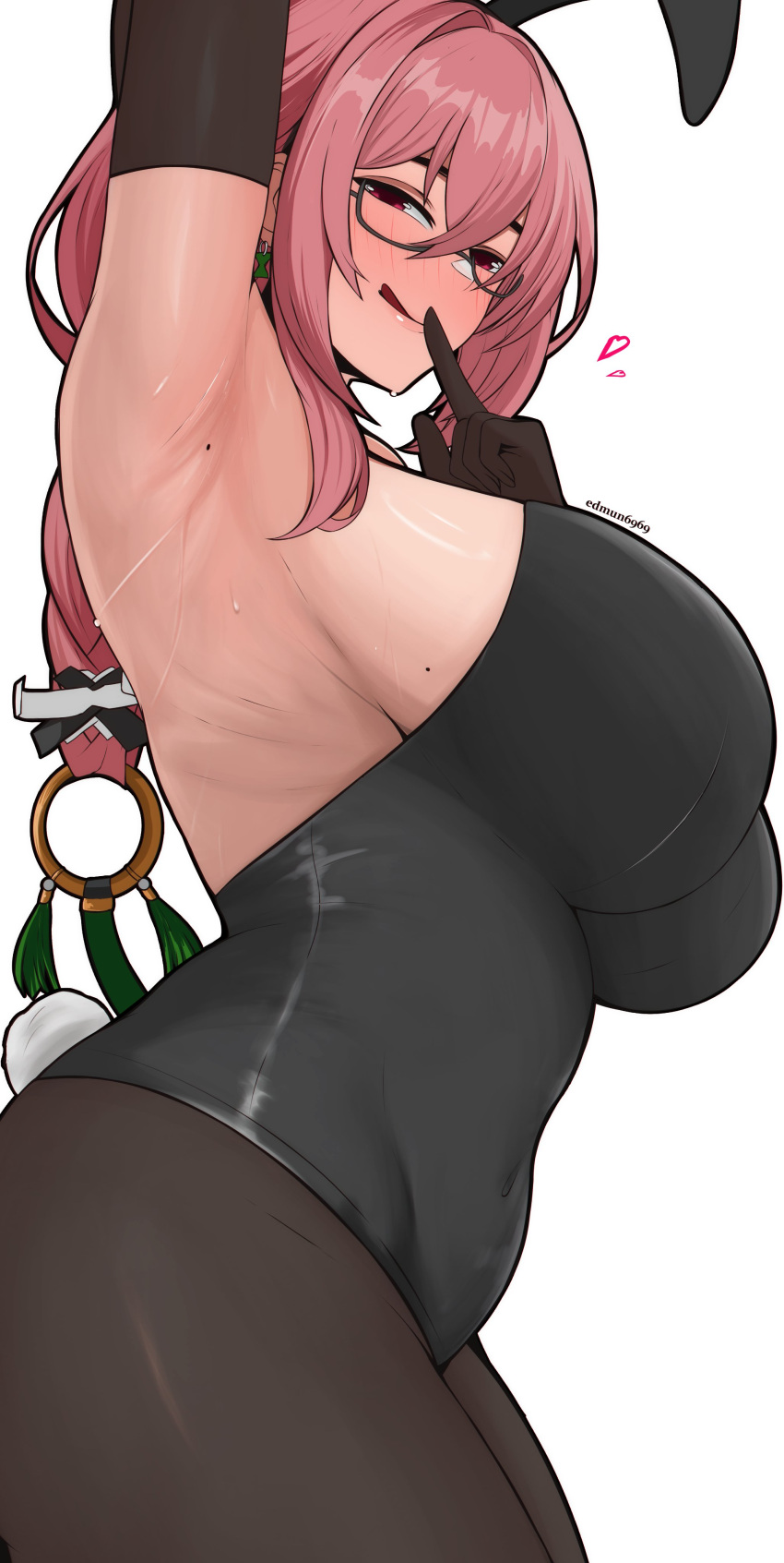 :q absurdres alternate_costume animal_ears armpits artist_name black_gloves black_leotard blush breasts cowboy_shot earrings edmun6969 elbow_gloves fake_animal_ears female from_below glasses gloves hair_between_eyes highres jewelry large_breasts leotard looking_at_viewer mole mole_on_armpit mole_on_breast pink_eyes pink_hair playboy_bunny rabbit_ears sidelocks simple_background smile solo sweat thighs tongue tongue_out tsukishiro_yanagi white_background zenless_zone_zero