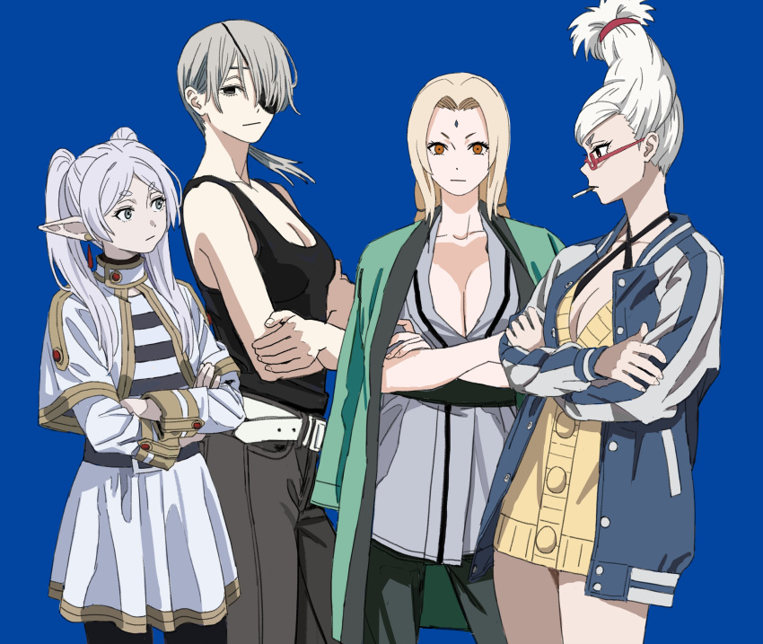 4girls bare_shoulders black_tank_top blonde_hair blue_background breasts brown_eyes cardigan character_request cleavage copyright_request cowboy_shot criss-cross_halter crossed_arms dress english_commentary eyepatch frieren glasses grey_hair grey_kimono grey_pants halterneck haori highres jacket japanese_clothes kimono long_hair long_sleeves looking_at_viewer multiple_girls naruto_(series) open_clothes open_jacket pants pointy_ears red-framed_eyewear shiren_(ourboy83) simple_background sousou_no_frieren standing tank_top trait_connection tsunade_(naruto) twintails white_dress yellow_cardigan