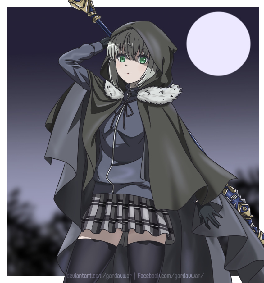 arm_behind_head black_gloves border brown_cloak brown_thighhighs cloak english_commentary fate_(series) female fur-trimmed_cloak fur_trim gardavwar gloves gray_(fate) green_eyes grey_jacket grey_skirt jacket looking_at_viewer lord_el-melloi_ii_case_files neck_ribbon outside_border parted_lips plaid_clothes plaid_skirt rhongomyniad_(fate) ribbon skirt solo thighhighs thighs weapon_behind_back web_address white_border zettai_ryouiki