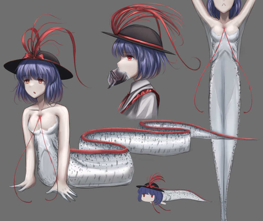 black_hat breasts commentary female fish fish_girl grey_background hat hat_ribbon highres monster_girl multiple_views nagae_iku oarfish purple_hair red_eyes red_ribbon ribbon short_hair simple_background solo there2007 touhou