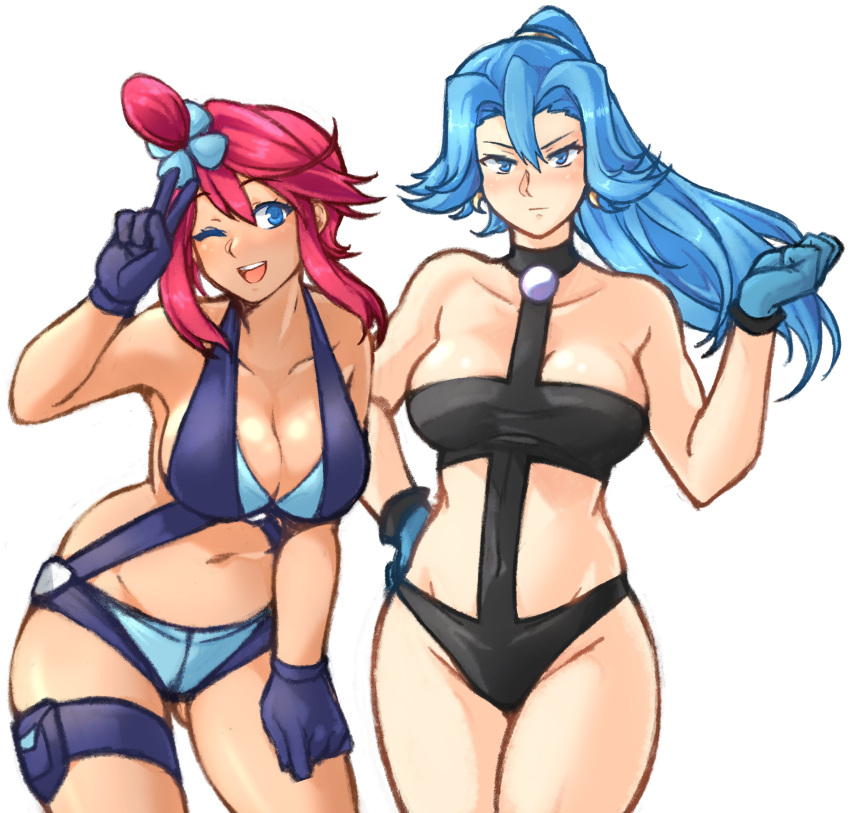 2girls ;d absurdres bare_shoulders black_one-piece_swimsuit blue_eyes blue_gloves blue_hair breasts clair_(pokemon) cleavage cowboy_shot english_commentary gloves groin hand_up highres large_breasts long_hair looking_at_viewer multiple_girls navel one-piece_swimsuit one_eye_closed open_mouth pink_hair pokemon pokemon_bw pokemon_gsc simple_background skyla_(pokemon) smile standing stomach swimsuit thigh_strap thighs tridisart v white_background