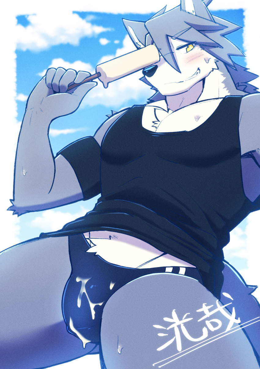 1boy absurdres animal_ears armband black_armband black_male_swimwear black_shirt black_tank_top blue_sky blush character_name cloud dog_boy dog_ears dog_tail food furry furry_male highres holding holding_food holding_popsicle kouya_aotsuki looking_at_viewer male_focus male_swimwear melting_popsicle morenatsu muscular muscular_male pectoral_cleavage pectorals popsicle seecle shirt sky sleeveless sleeveless_shirt smile suggestive_fluid sweat tail tank_top