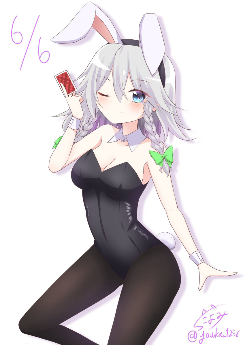 ;) animal_ears between_fingers black_leotard black_pantyhose blush braid breasts card card_between_fingers closed_mouth commentary detached_collar fake_animal_ears female grey_hair hair_between_eyes highres holding izayoi_sakuya leotard looking_at_viewer medium_breasts one_eye_closed pantyhose playboy_bunny playing_card rabbit_ears satsuki_koyomi signature simple_background smile solo strapless strapless_leotard touhou twitter_username white_background white_wrist_cuffs wrist_cuffs