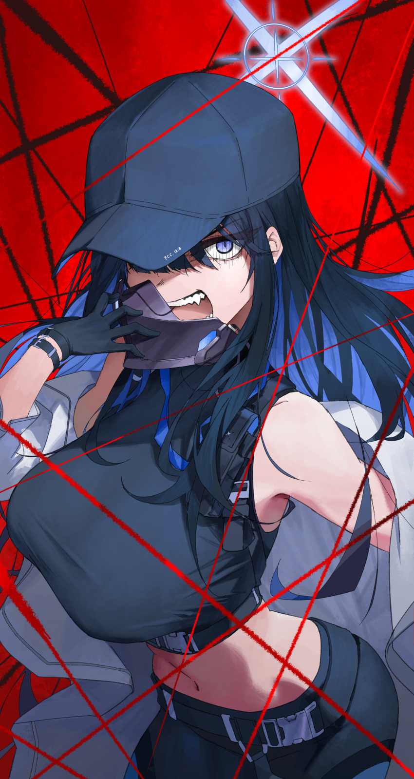 1-5iro absurdres bare_shoulders baseball_cap belt black_belt black_mask black_pants blue_archive blue_eyes blue_hair blue_halo blue_hat bracelet breasts buckle chest_harness coat colored_inner_hair commentary_request crop_top fangs female from_above gloves hair_between_eyes hair_over_one_eye halo harness hat hat_over_one_eye hat_writing highres holster jewelry large_breasts long_hair looking_at_viewer mask mask_pull midriff mouth_mask multicolored_hair navel off_shoulder open_clothes open_coat open_mouth pants red_background saori_(blue_archive) shirt shoulder_holster sleeveless sleeveless_shirt snap-fit_buckle teeth tight_clothes tight_pants white_coat