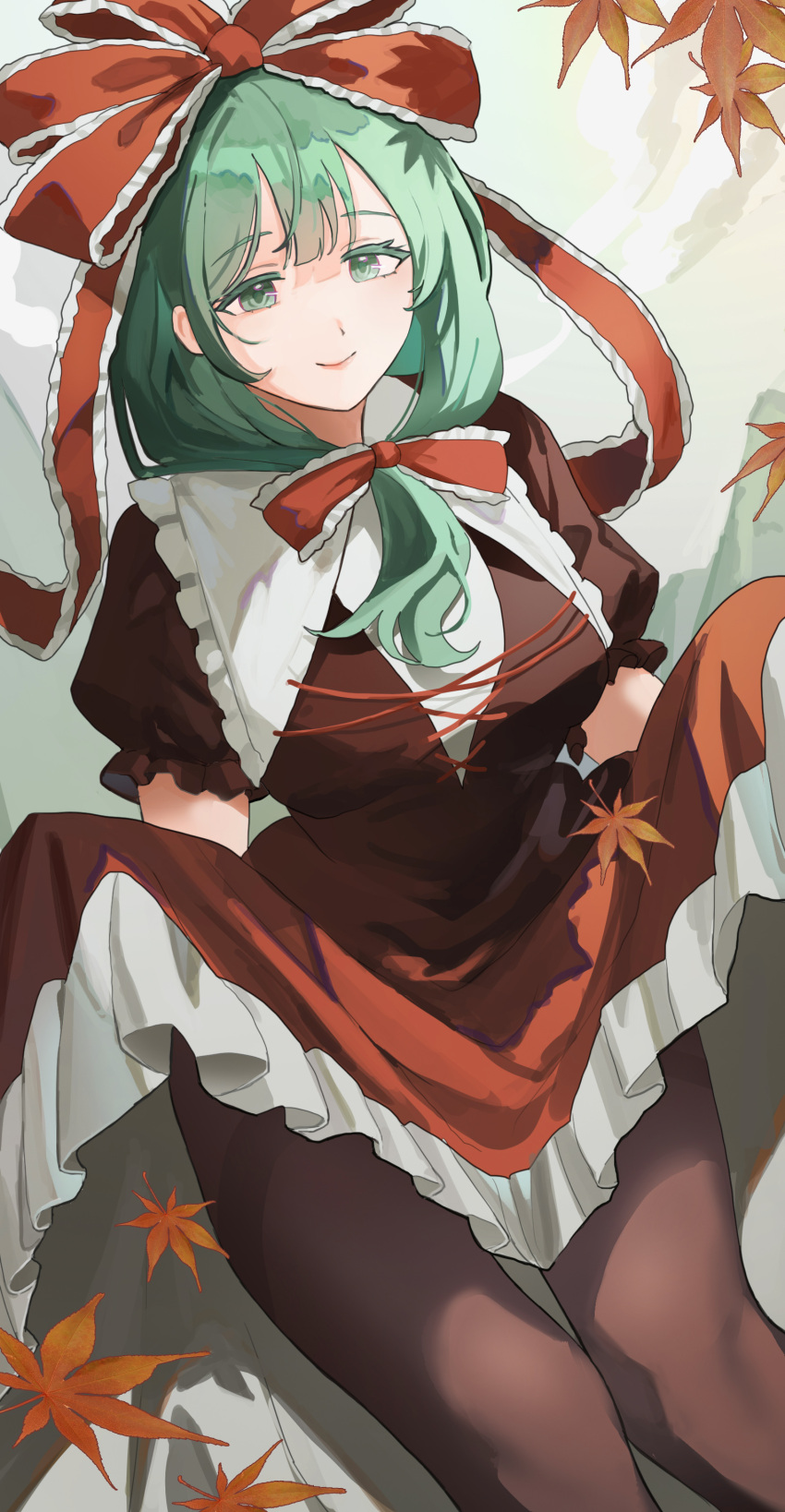 absurdres black_pantyhose bow breasts commission dress female frilled_dress frills front_ponytail green_eyes green_hair hair_ribbon hairbow highres kagiyama_hina pantyhose pixiv_commission red_bow red_dress red_ribbon ribbon sarukana smile solo touhou