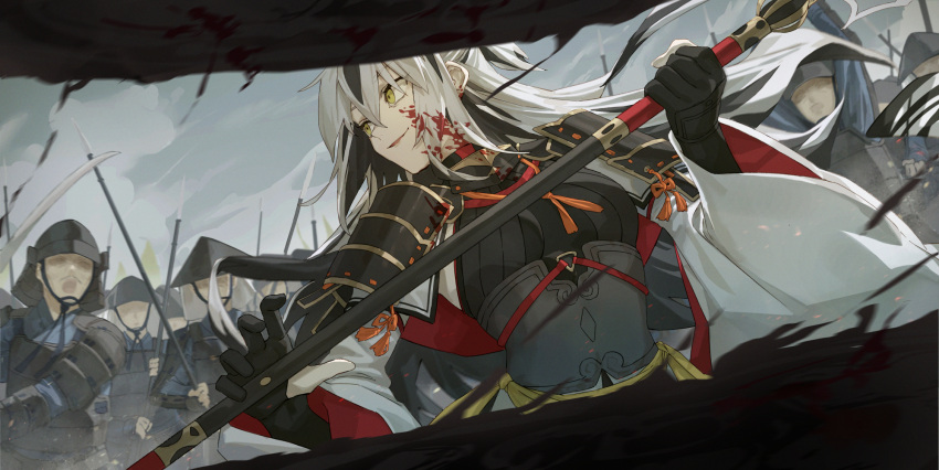 armor black_hair blood blood_on_face breasts collar fate/grand_order fate_(series) female green_eyes hair_between_eyes highres japanese_armor long_hair long_sleeves medium_breasts metal_collar multicolored_hair multiple_boys nagao_kagetora_(fate) open_mouth polearm sash shoulder_armor sidelocks smile sode solo_focus spear tesin_(7aehyun) two-tone_hair weapon white_hair wide_sleeves yellow_sash