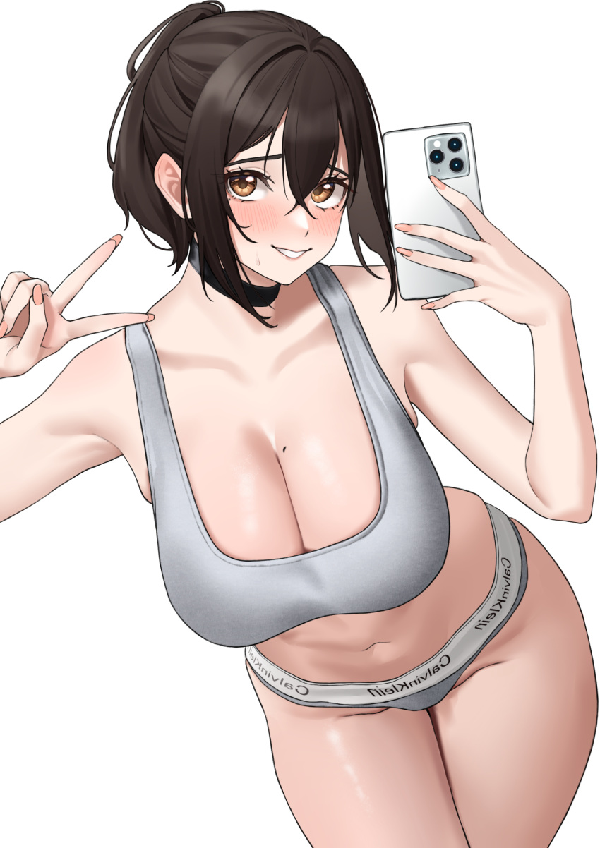 black_choker black_hair blush bra breasts cellphone choker cleavage collarbone commission female fingernails grey_bra grey_panties groin highres holding holding_phone large_breasts leaning_forward looking_at_viewer mole mole_on_breast navel original panties phone shinonome_shake skeb_commission smile solo stomach underwear underwear_only v