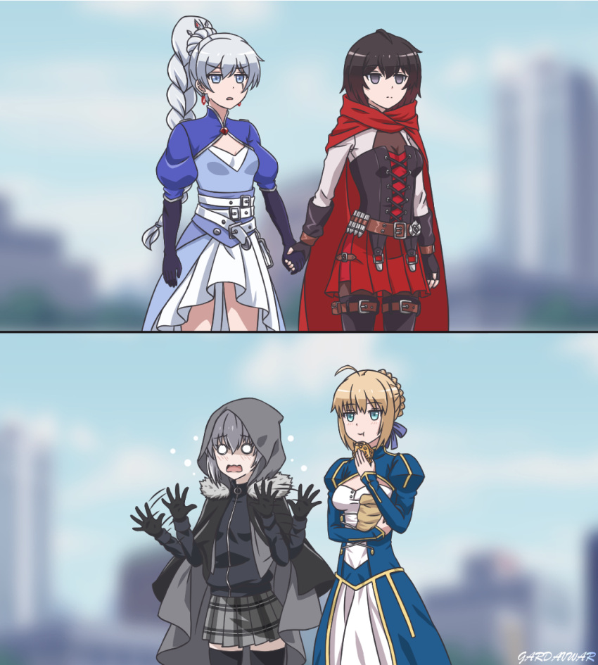 4girls :t ahoge artist_name artoria_pendragon_(fate) black_corset black_gloves black_hair black_thighhighs blonde_hair blue_eyes blurry braid breasts cleavage cloak corset crossover depth_of_field dress eating embarrassed english_commentary fate/grand_order fate/stay_night fate_(series) fingerless_gloves flying_sweatdrops gardavwar gloves green_eyes grey_cloak hair_between_eyes hair_ribbon holding holding_hands hood hooded_jacket jacket long_hair long_sleeves medium_breasts motion_lines multiple_girls o_o outdoors plaid_clothes plaid_skirt ponytail puffy_sleeves red_cloak red_skirt ribbon roosterteeth ruby_rose rwby saber_(fate) short_hair signature single_braid skirt standing thighhighs thighs type-moon very_long_hair wavy_mouth weiss_schnee white_hair white_skirt yuri zettai_ryouiki