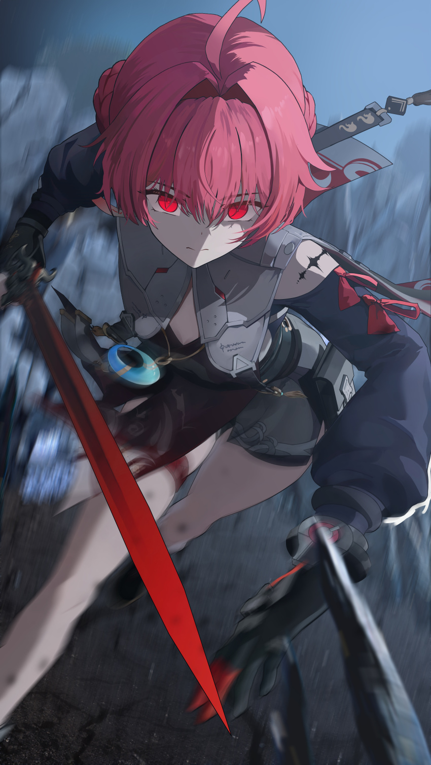 absurdres ahoge black_gloves black_pouch black_shirt breasts closed_mouth clothing_cutout collar commentary crescent crescent_necklace danjin_(wuthering_waves) female folded_braid gloves hair_between_eyes hair_intakes highres holding holding_sword holding_weapon jewelry looking_at_viewer necklace outdoors red_eyes red_hair ryeon_(bluetom1) shirt short_hair shoulder_cutout small_breasts solo sword tacet_mark_(wuthering_waves) thigh_strap v-shaped_eyebrows weapon white_collar wuthering_waves