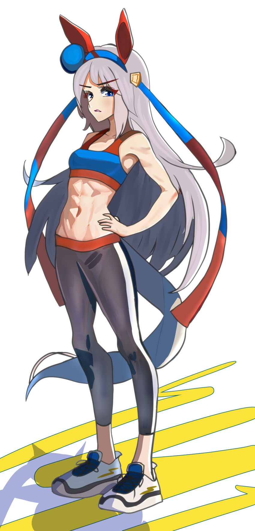 absurdres animal_ears armpits bare_shoulders black_leggings blue_eyes blue_sports_bra breasts collarbone commentary_request ear_covers ear_ornament female full_body grey_hair hair_ornament hairband hands_on_own_hips highres horse_ears horse_girl horse_tail kisaragi_shokuin leggings long_hair muscular muscular_female navel shadow shoes simple_background small_breasts sneakers solo sports_bra standing stomach tail tamamo_cross_(umamusume) two-tone_hairband two-tone_headband umamusume underwear very_long_hair white_background white_footwear