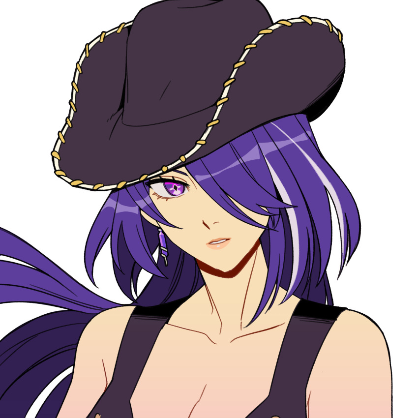 acheron_(honkai:_star_rail) breasts cleavage cowboy_hat earrings female hair_over_one_eye hat highres honkai:_star_rail honkai_(series) jewelry large_breasts long_hair looking_to_the_side parted_lips purple_eyes purple_hair radiostarkiller shirt simple_background sleeveless sleeveless_shirt solo upper_body