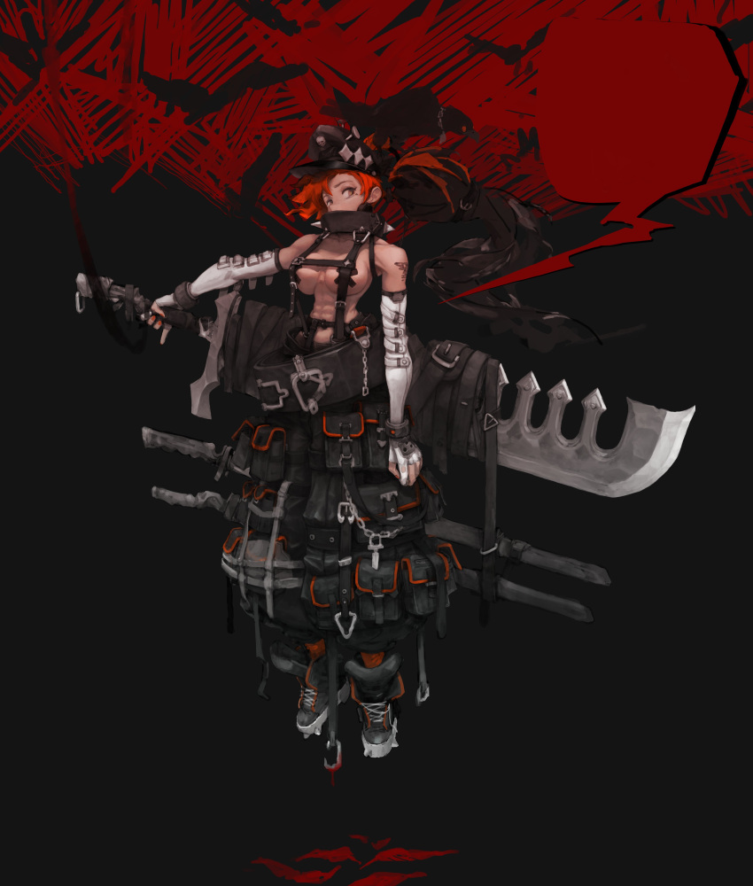 abs absurdres belt black_background black_pants breasts collar cross-laced_footwear elbow_gloves female fingerless_gloves full_body gloves hat highres holding holding_weapon kim_san large_breasts nail_polish orange_eyes original pants pasties peaked_cap pouch red_background red_hair reverse_grip shoes sneakers solo swordbreaker_(weapon) tape tape_on_nipples too_many two-tone_background weapon