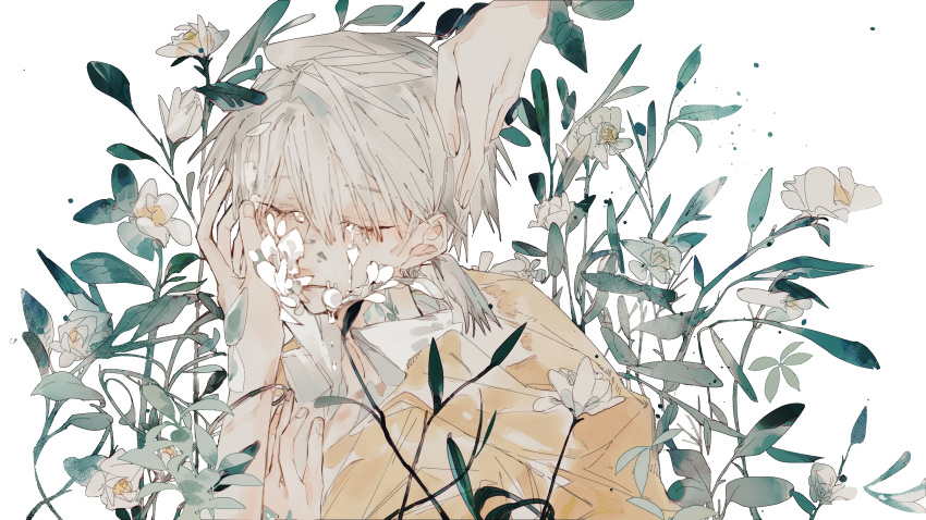 1boy aesop_carl ayi15181 closed_eyes crying eyelashes fingernails flower highres identity_v long_sleeves low_ponytail male_focus medium_hair multiple_hands parted_lips ponytail solo stitched_mouth stitches tears white_background white_flower white_hair