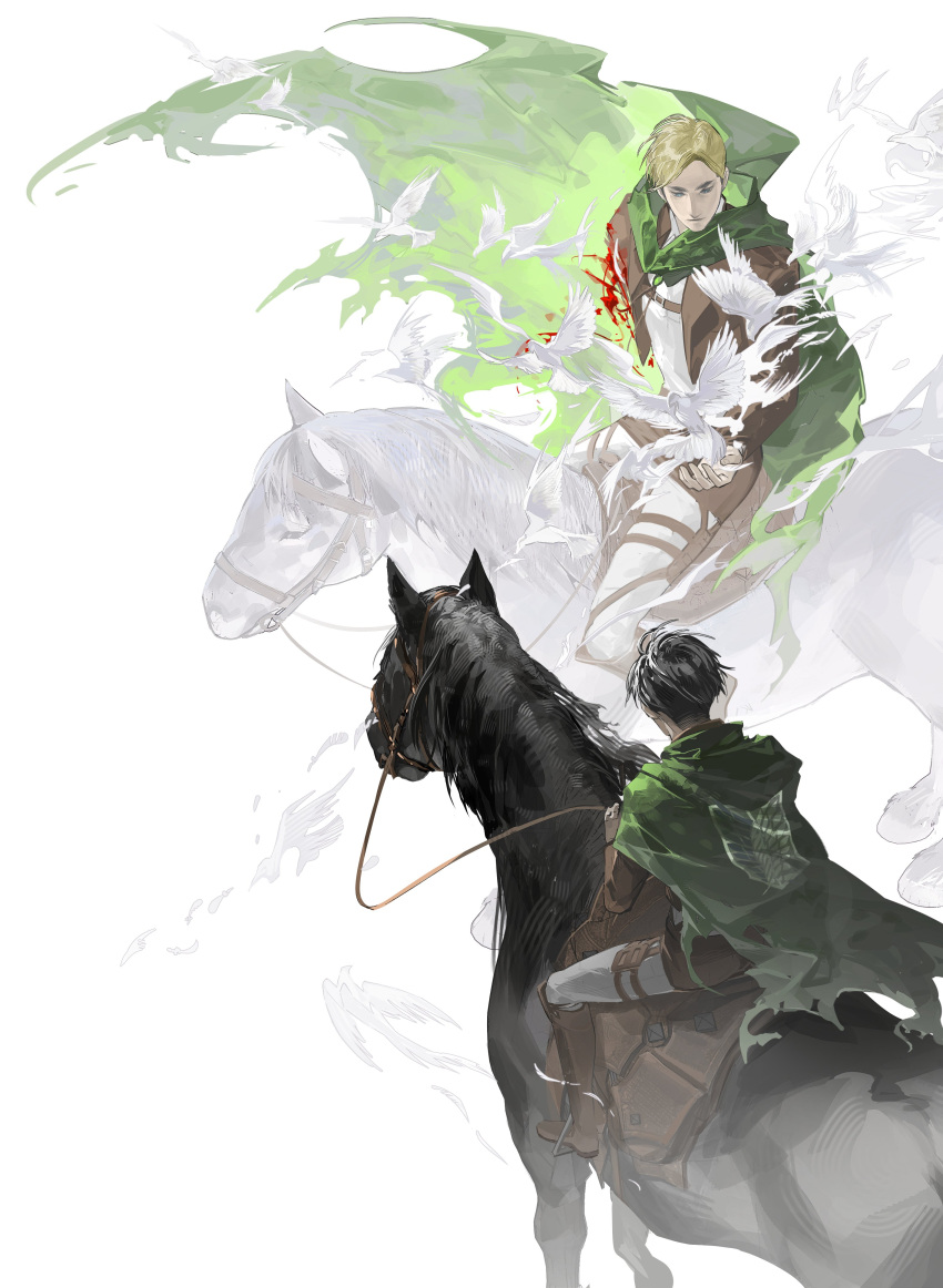 2boys absurdres amputee animal bird black_hair blonde_hair blood blue_eyes brown_jacket cape cloak dove duoj_ji emblem erwin_smith green_cloak highres horse horseback_riding jacket levi_(shingeki_no_kyojin) male_focus missing_limb multiple_boys paradis_military_uniform riding shingeki_no_kyojin shirt short_hair survey_corps_(emblem) thick_eyebrows thigh_strap white_shirt