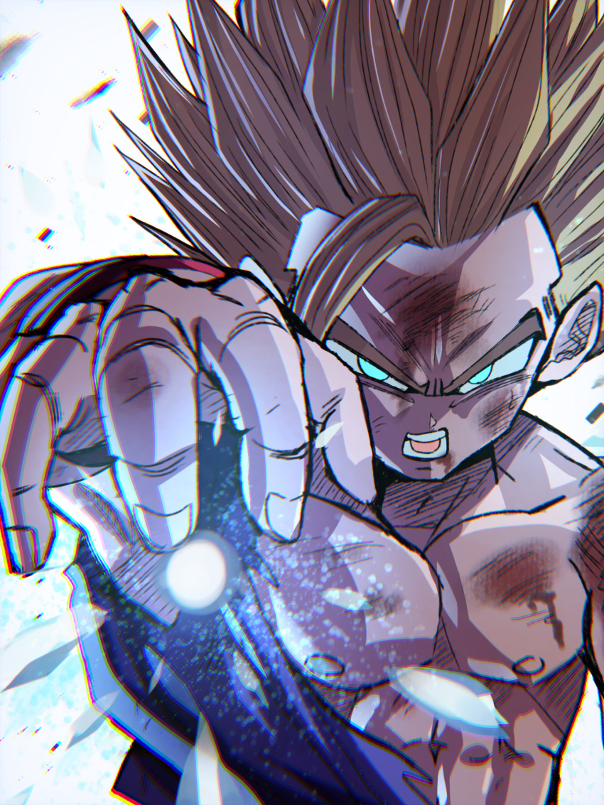 1boy abs blue_eyes blue_shirt chiro_illust collarbone commentary_request dragon_ball dragon_ball_z energy_orb highres injury looking_at_viewer male_focus medium_hair nipples open_mouth outstretched_arm pectorals red_wristband scratches shirt solo son_gohan spiked_hair super_saiyan super_saiyan_2 sweat teeth tongue torn_clothes torn_shirt v-shaped_eyebrows white_background