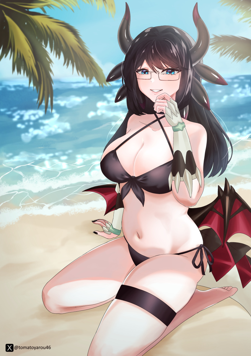 absurdres bikini black_bikini black_dress blush breasts bridal_garter brown_eyes cleavage dragon_girl dragon_horns dragon_tail dragon_wings dress duel_monster female glasses highres horns house_dragonmaid long_hair low_wings navel swimsuit tail tomatoyarou wings yu-gi-oh!