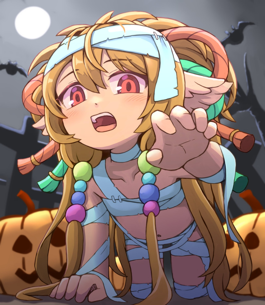 bandage_on_hair bandaged_arm bandaged_chest bandaged_hand bandaged_head bandaged_leg bandaged_neck bandaged_wrist bandages bat_(animal) beads blonde_hair budget_sarashi claw_pose crawling female full_moon granblue_fantasy hair_beads hair_ornament harvin hidemushi highres jack-o'-lantern long_hair looking_at_viewer mahira_(granblue_fantasy) moon naked_bandage navel pumpkin red_eyes sarashi solo very_long_hair