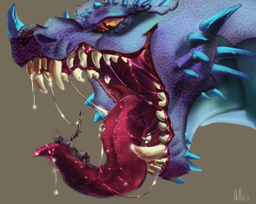 bodily_fluids dragon drooling duo fangs feral hi_res hilloty human knight liquid mammal melee_weapon mythological_creature mythological_scalie mythology open_mouth saliva scalie soft_vore spikes sword teeth tongue tongue_out vore warrior weapon