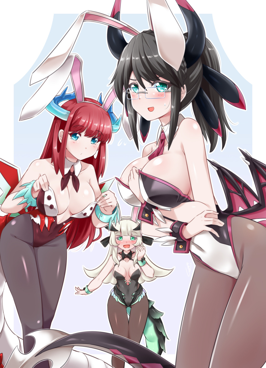 3girls black_hair blue_eyes blush breasts bunji chamber_dragonmaid cleavage dragon_girl dragon_horns dragon_tail dragon_wings duel_monster green_eyes highres horns house_dragonmaid kitchen_dragonmaid large_breasts multiple_girls playboy_bunny red_hair tail white_hair wings yu-gi-oh!