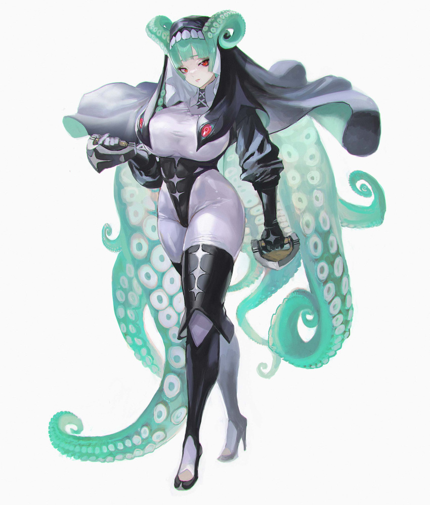 absurdres black_leotard black_thighhighs bodysuit bodysuit_under_clothes brass_knuckles breasts female full_body green_hair habit high_heels highres holding holding_weapon huge_breasts leotard long_hair looking_at_viewer maeshima_shigeki original red_eyes solo standing tentacle tentacle_hair thighhighs very_long_hair weapon white_bodysuit