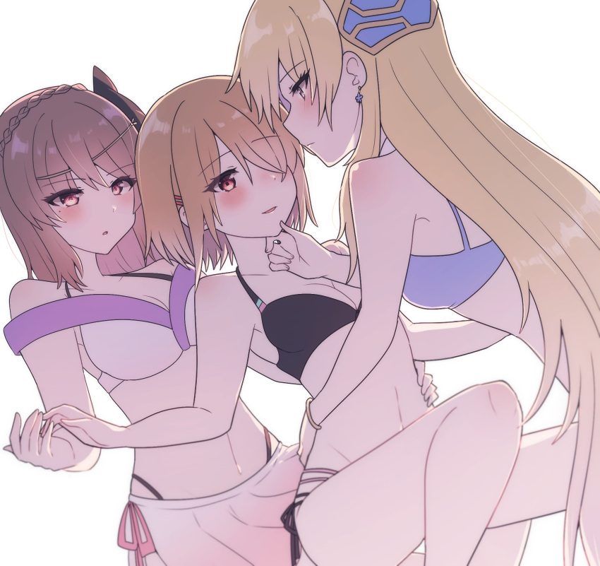 3girls bikini blonde_hair braid breasts brown_hair crown_braid fox_mask girl_sandwich hair_ornament hair_over_one_eye hairclip heaven_burns_red highres kayamori_ruka kiryuu_miya long_hair mask mole mole_under_eye multiple_girls puyopiku red_eyes sandwiched shirakawa_yuina short_hair sidelocks swimsuit yuri