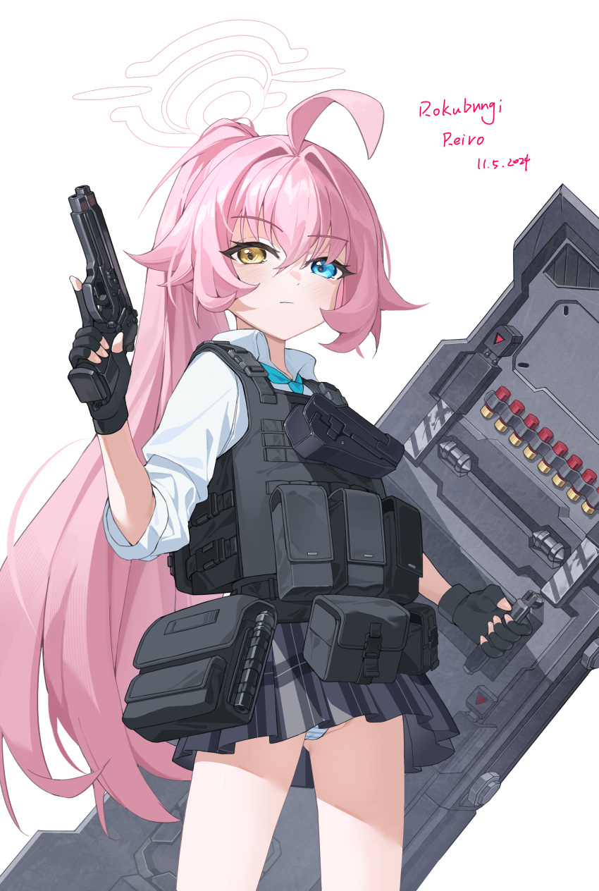 absurdres ahoge ammunition_pouch artist_name ballistic_shield beretta_92 blue_archive blue_necktie bulletproof_vest female fingerless_gloves gloves gun halo handgun heterochromia highres holding holding_gun holding_weapon holster hoshino_(armed)_(blue_archive) hoshino_(blue_archive) looking_at_viewer necktie official_alternate_costume panties pantyshot pink_hair pink_halo plaid_clothes plaid_skirt pleated_skirt ponytail pouch riot_shield shield shirt shotgun_shell skirt sleeves_rolled_up trigger_discipline underwear weapon white_background white_shirt zhu_fun_(pixiv_21401851)