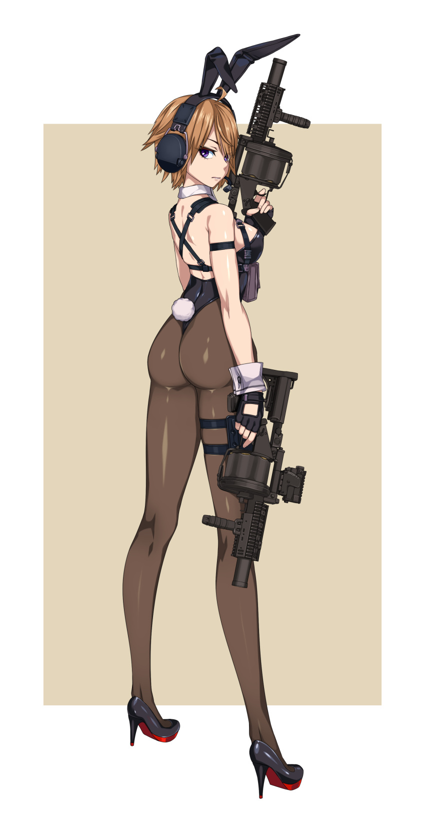 absurdres ahoge animal_ears ass breasts brown_hair chest_rig covered_navel detached_collar dual_wielding fake_animal_ears fake_tail female finger_on_trigger fingerless_gloves full_body gloves grenade_launcher gun hair_over_one_eye handgun harness headset high_heels highleg highleg_leotard highres holding holding_gun holding_weapon holster leotard looking_at_viewer medium_breasts necktie original pantyhose playboy_bunny purple_eyes rabbit_ears rabbit_tail red_necktie short_hair solo standing strapless strapless_leotard tactical_playboy_bunny tail tanke_laide thigh_holster two-tone_background very_short_hair weapon weapon_request wrist_cuffs